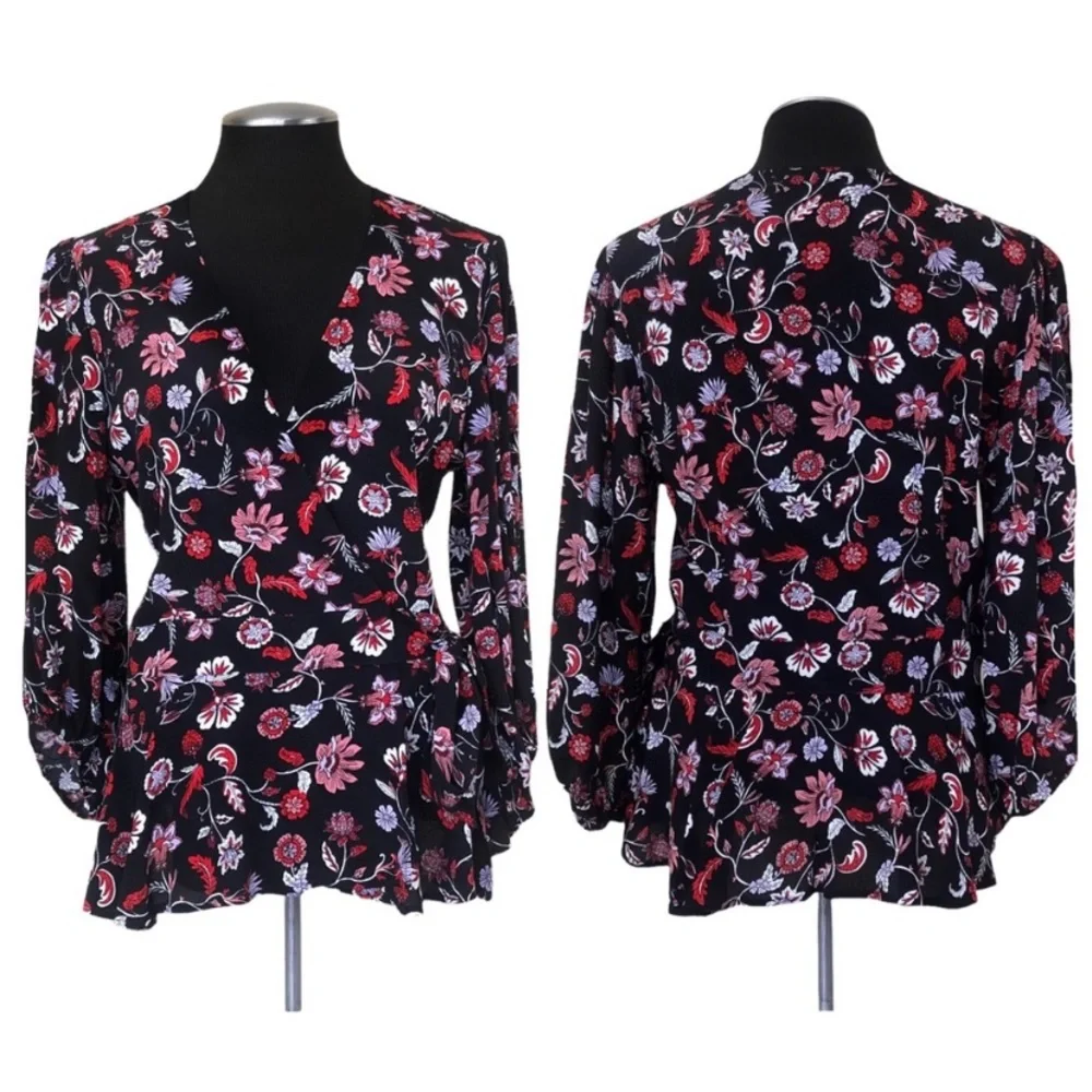 Banana Republic - Floral Puff Sleeve Peplum‎ Wrap Top S